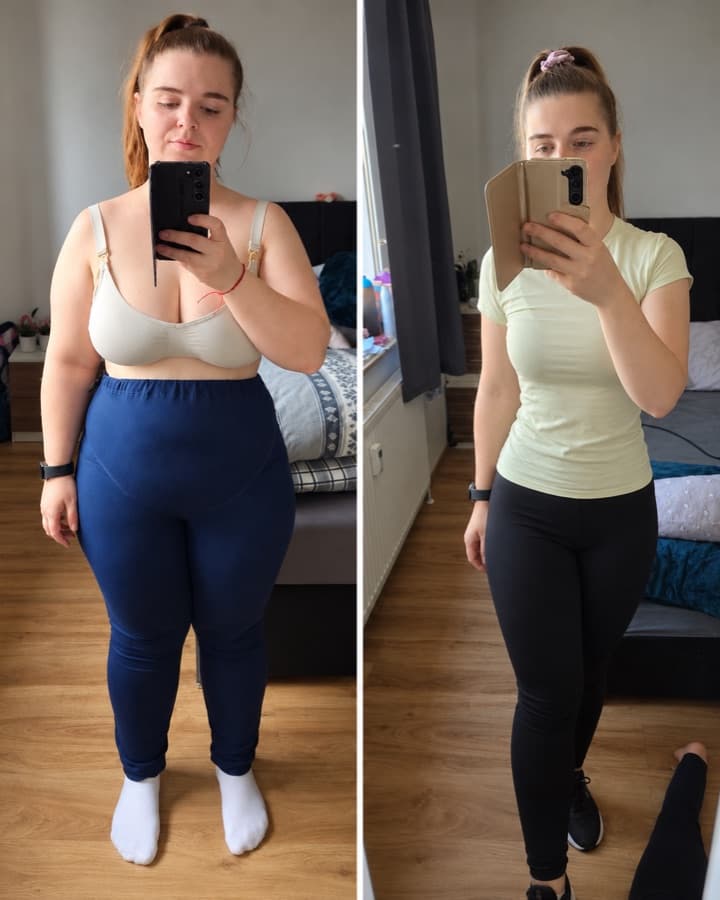 Client in a mirror selfie, before and after her transformation